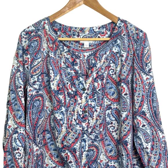 J.Jill Size Medium Blue Paisley Print Pintuck Button Up Cotton Blend Blouse - Picture 3 of 8